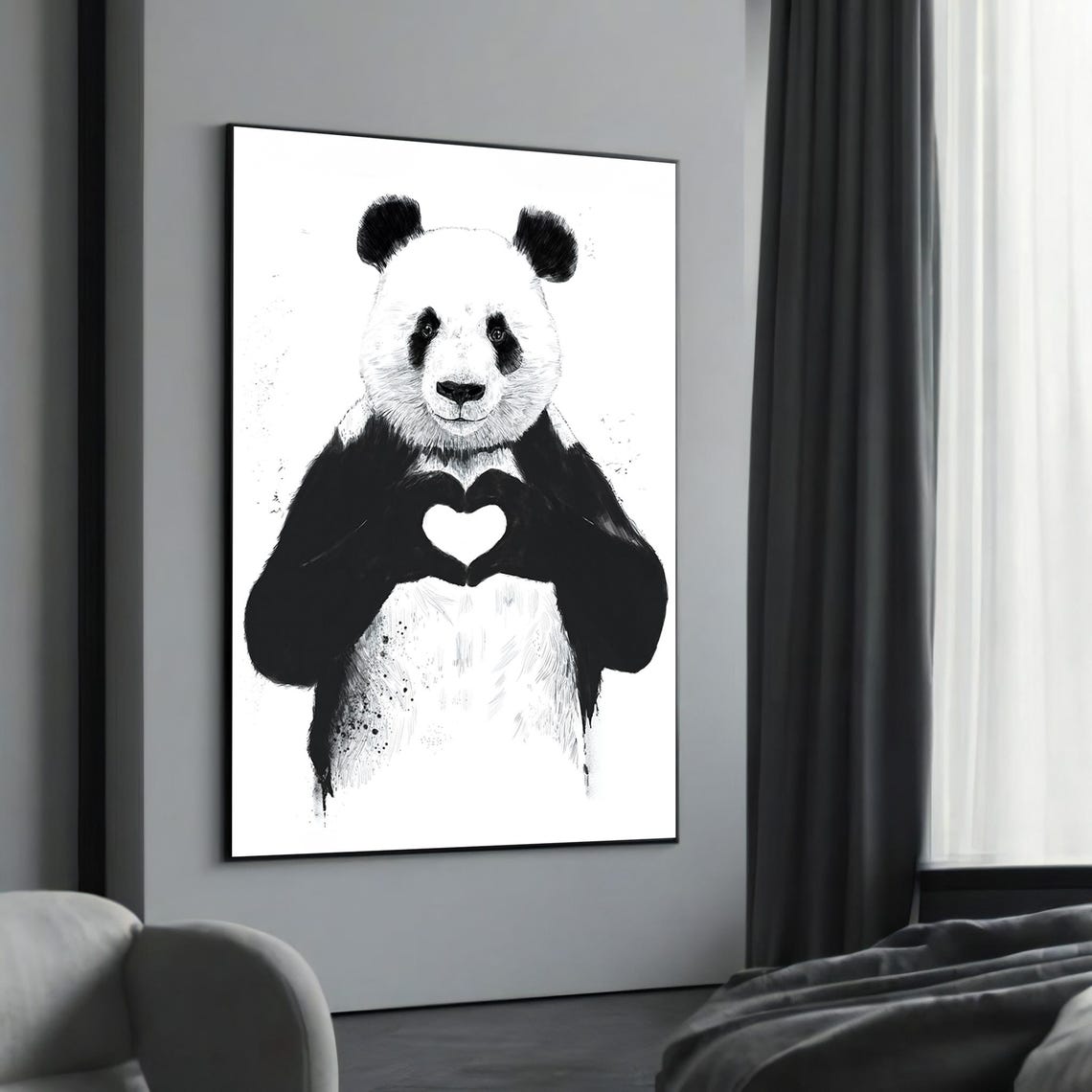 Cute Panda Making Heart Hands Black White Minimalist Sketch Poster