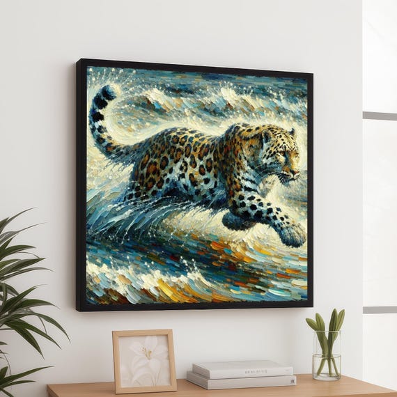 Dynamic Leopard In Water Splash Canvas Wildlife Animal Wall Art Oil Painting Style Nature Action Scene Home Decor Print