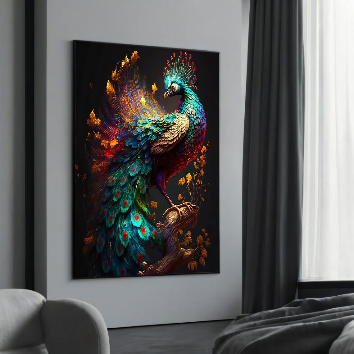 Majestic Peacock Vibrant Teal Gold Feather Fractal Art Poster