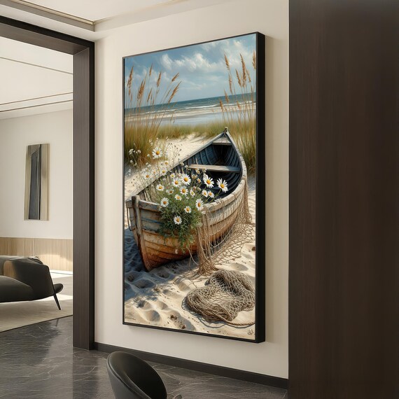 Weathered Wooden Rowboat With Daisies Beach Scene Coastal Wall Art