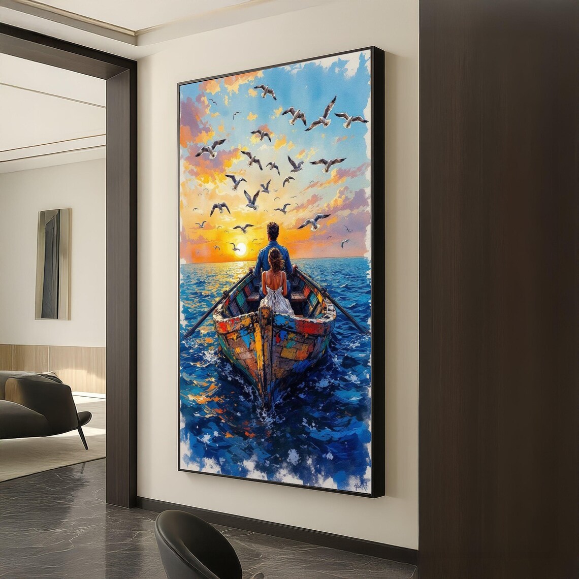 Couple Rowing Boat Sunset Ocean Seagulls Romantic Watercolor Poster