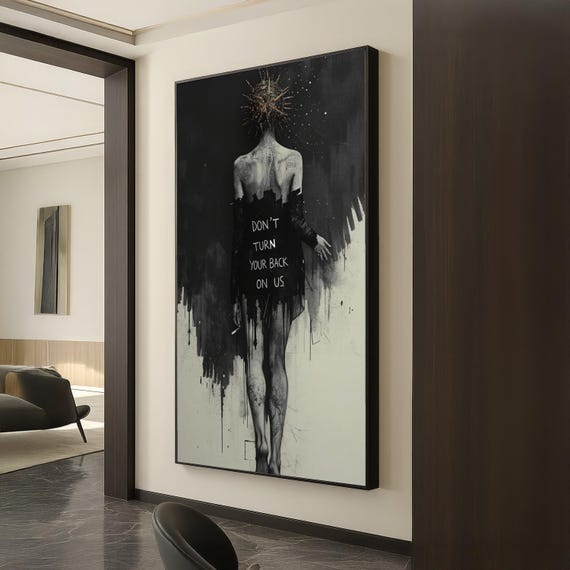 Dark Surreal Woman Back View Canvas Dont Turn Your On Us Text Gothic Art Print Modern Expressionist Wall Edgy Home Decor