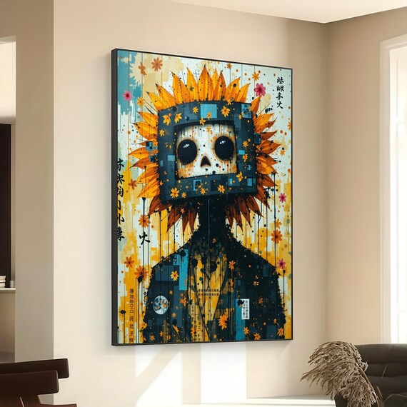 Robot Head Sunflower Crown Urban Abstract Dripping Paint Asian Text Art Poster