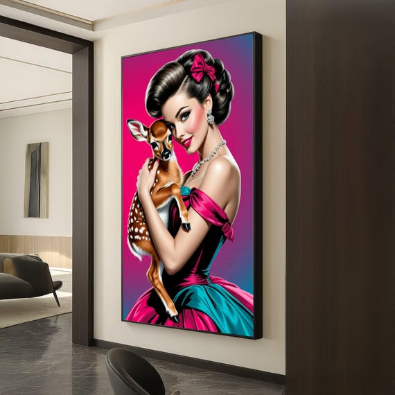 Vintage Glamour Woman With Deer Canvas Retro Pinup Style Wall Art Elegant Lady Fawn Colorful Home Decoration Animal And