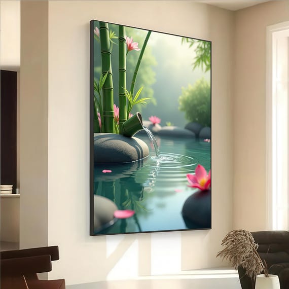 Flowing Bamboo Water And Canvas Wall Art Zen Stone Decor For Spa Meditation Or Tranquil Nature Inspired Home Ambience