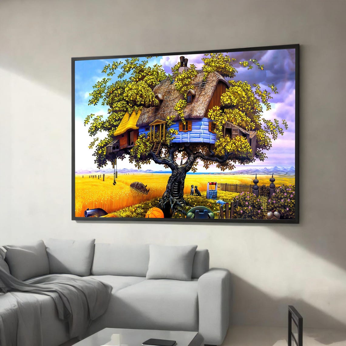 Whimsical Treehouse in Giant Tree Over Golden Wheat Fields Art Poster