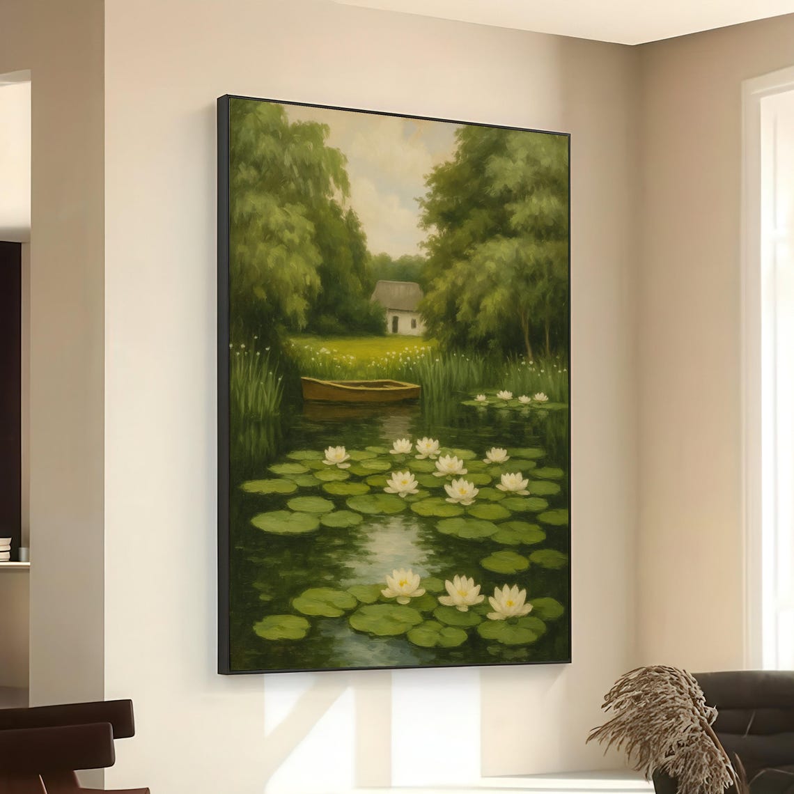 Serene Water Lily Pond Boat Cottage Impressionist Style Wall Art
