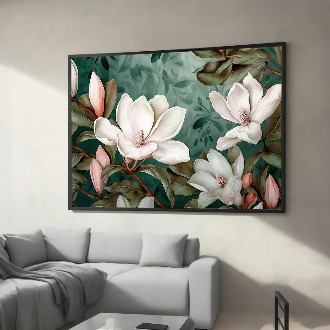 White Magnolia Blossoms on Deep Green Botanical Background Art Poster