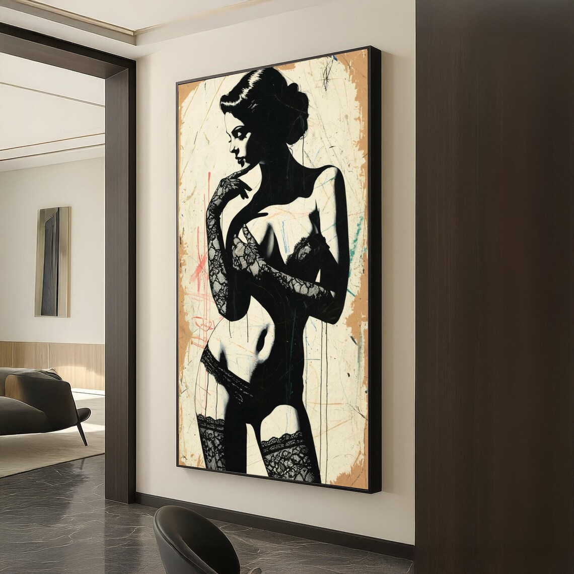 Black Lace Lingerie Woman Silhouette Sensual Grunge Style Art Poster