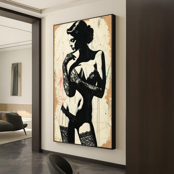 Black Lace Lingerie Woman Silhouette Sensual Grunge Style Art Poster