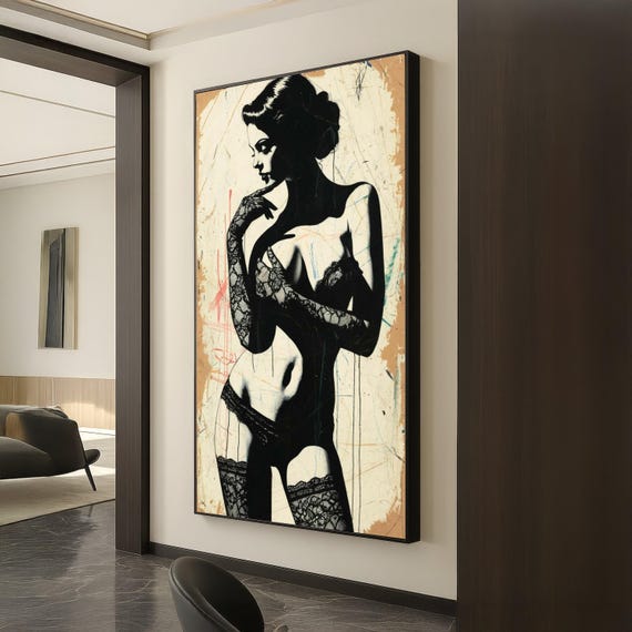 Elegant Black Lace Lingerie Woman Silhouette Canvas Sensual Female Figure Wall Art Vintage Style Pinup Glamorous Home Decor