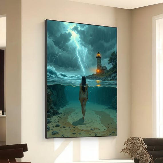 Stormy Night Lighthouse Canvas Ocean Waves Wall Art Lightning Sky Landscape Underwater Scene Coastal Home Decor Ready To Hang