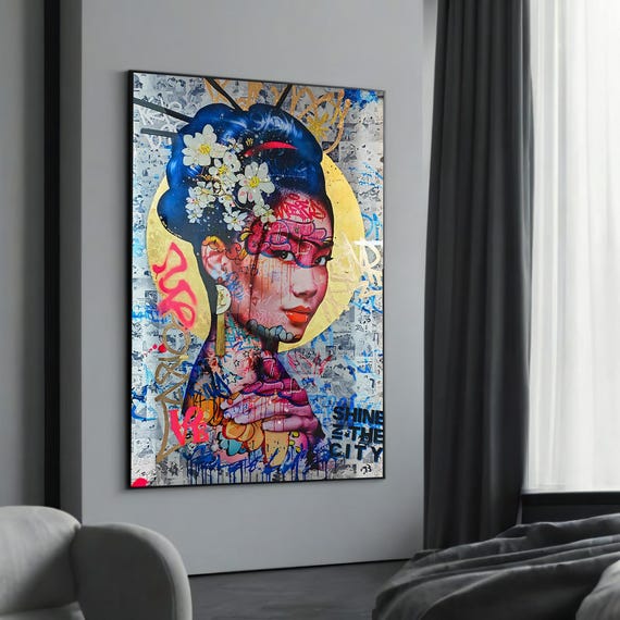 Graffiti Inspired Asian Woman Canvas Painting Gift Bold Urban Art Decor For Modern Homes
