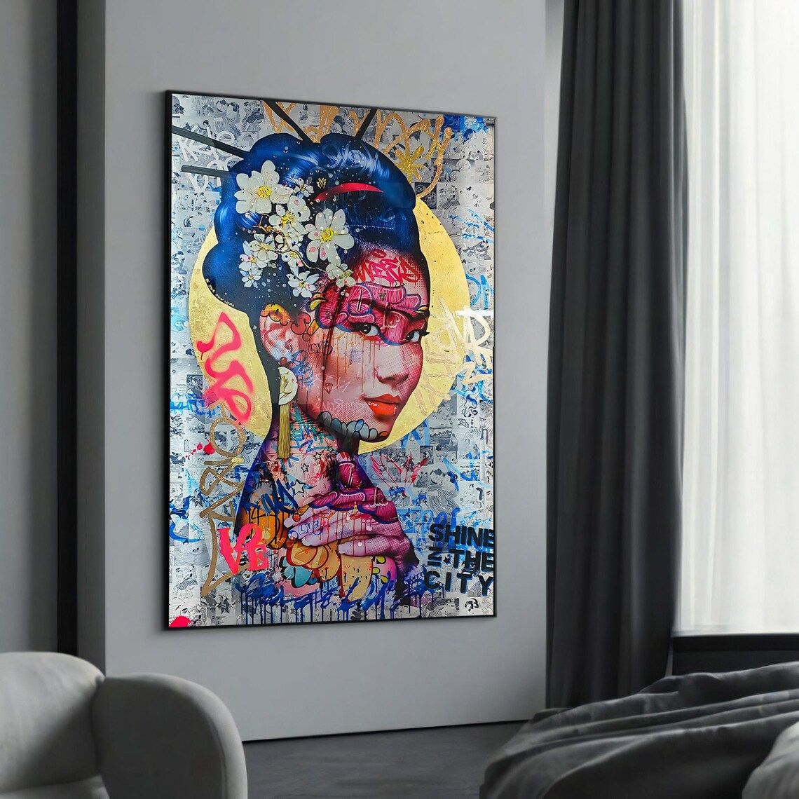 Geisha with Golden Halo and Shine the City Graffiti Art Poster