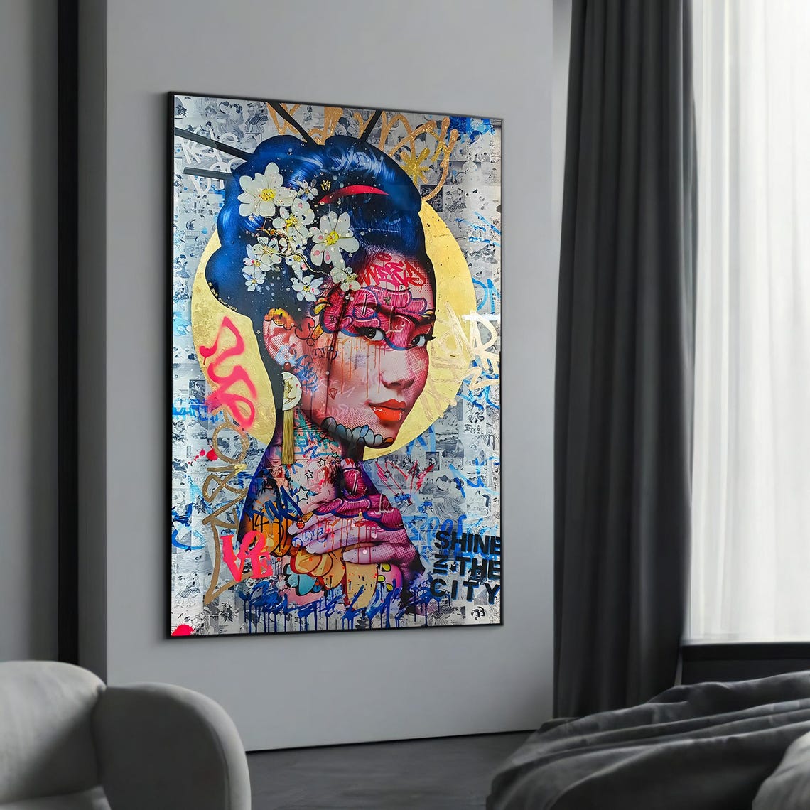 Graffiti Inspired Asian Woman Canvas Painting Gift Bold Urban Art Decor For Modern Homes
