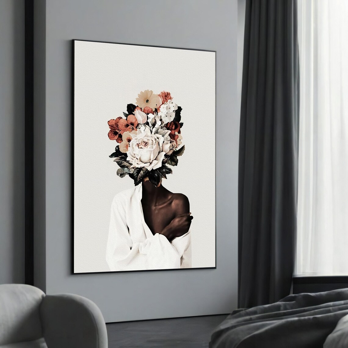 Woman With Flower Head Bouquet Minimalist White Surreal Art Poster