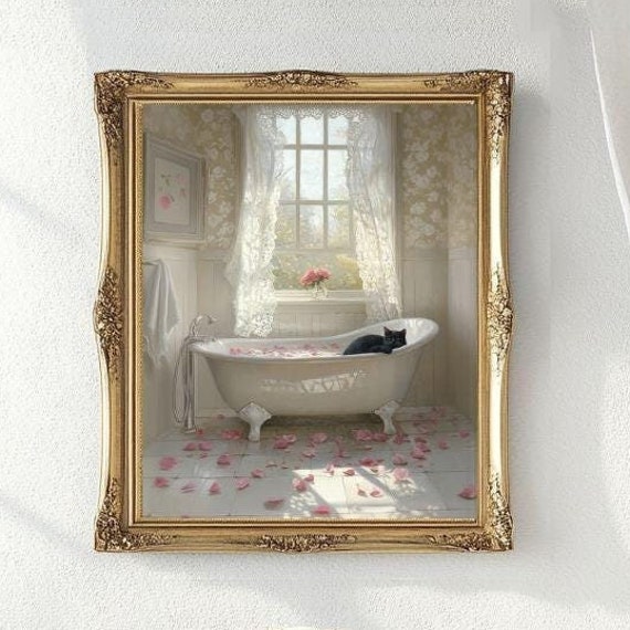 Black Cat Rose Bath Poster, Floral Bathroom Decor