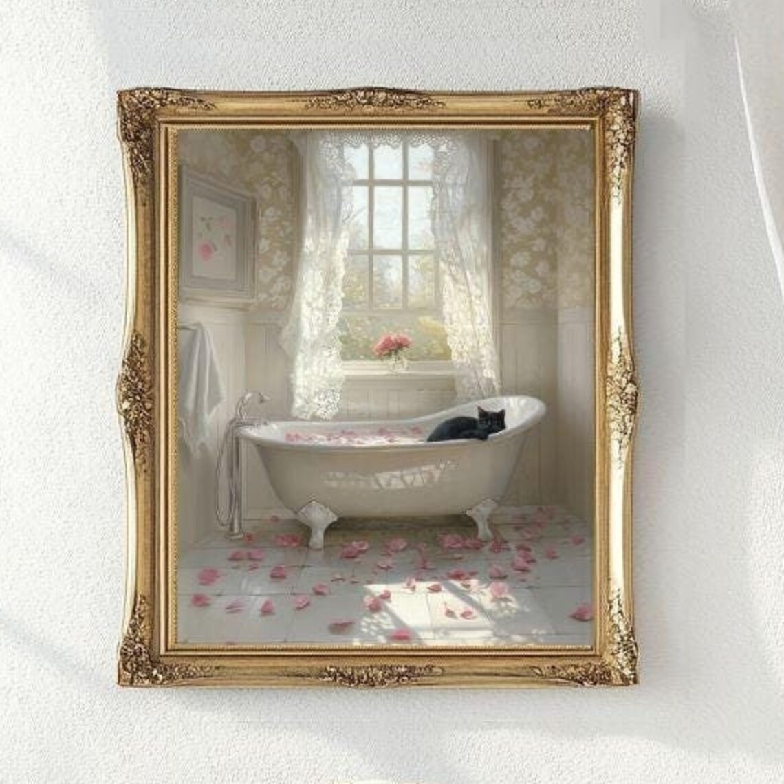 Black Cat Rose Bath Poster, Floral Bathroom Decor