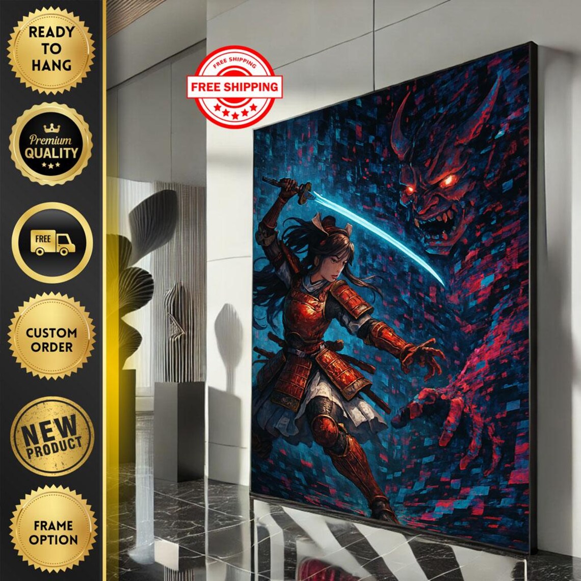 Female Samurai Warrior Oni Demon Neon Cyber Japanese Fantasy Poster