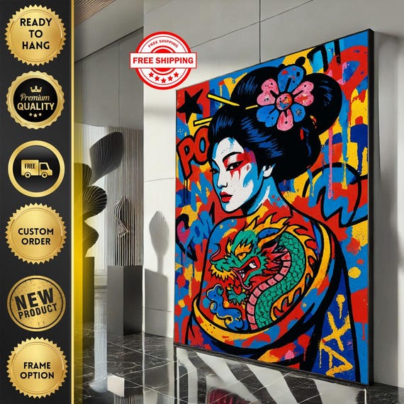 Japanese Geisha Street Art Canvas Wall Print Bold Pop Living Room Decor Ready To Hang