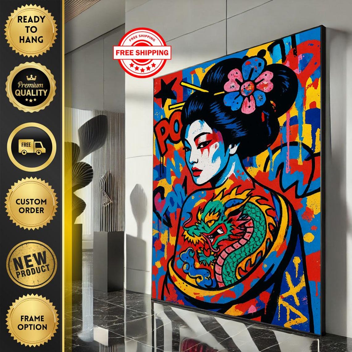 Pop Art Geisha With Dragon Tattoo Graffiti Street Style Poster