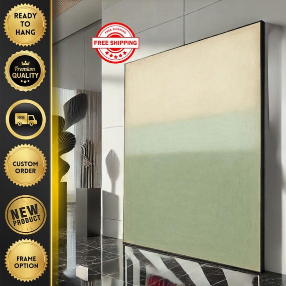 Mark Rothko Inspired Beige And Green Canvas Bold Color Field Painting For Modern Living Room Decor Ready To Hang