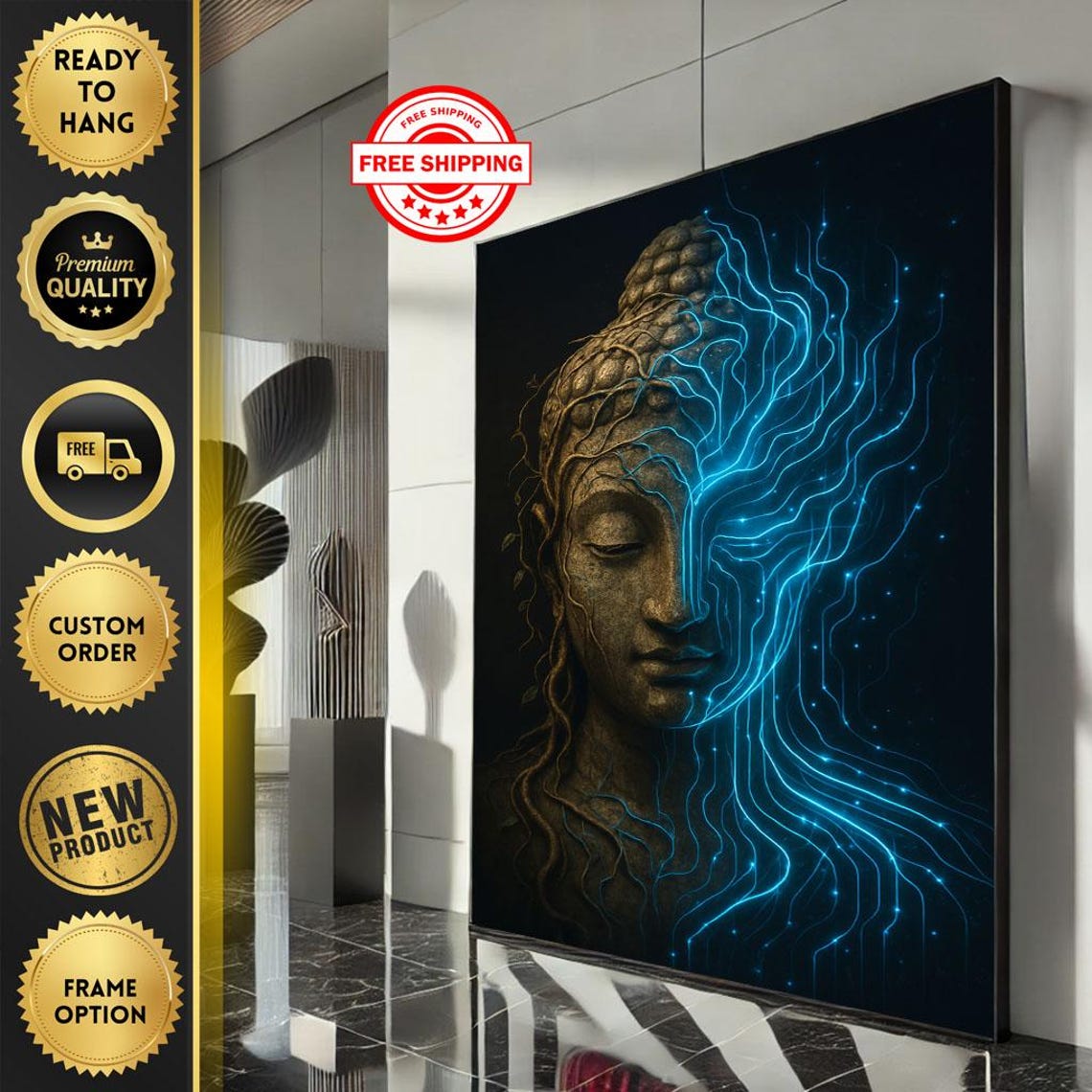 Stone Buddha Face Blue Energy Streams Digital Mystic Art Poster