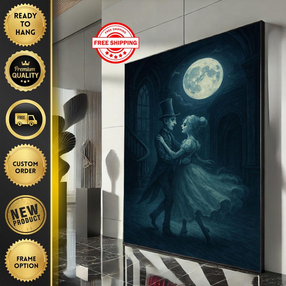 Victorian Ghost Couple Dancing Under Full Moon Gothic Art Poster