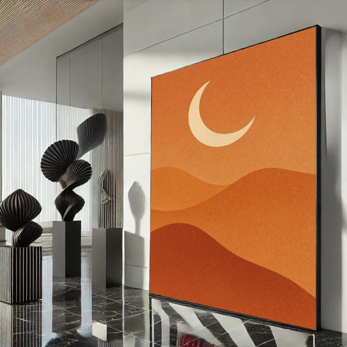 Crescent Moon Over Orange Desert Dunes Minimalist Boho Art Poster