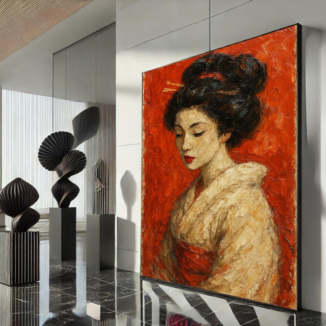 Japanese Woman Impressionist Oil Portrait Textured Red Art Poster