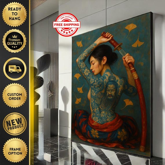 Elegant Tattooed Woman With Sword Canvas Wall Art Print Modern Asianinspired Living Room Decor Statement Piece