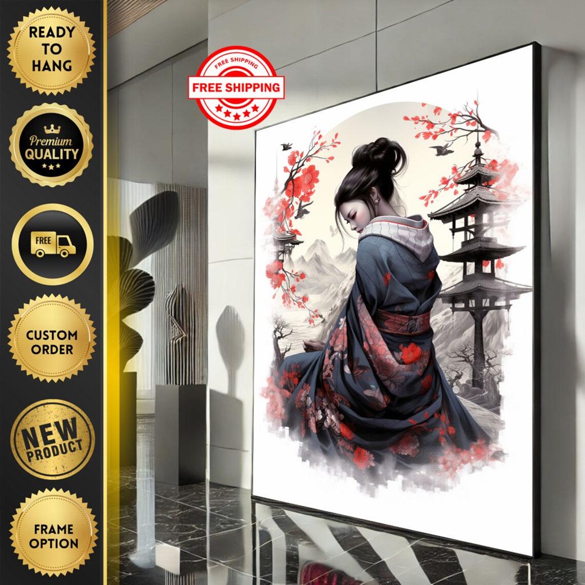 Geisha in Dark Floral Kimono with Pagoda Cherry Blossom Ink Art Poster
