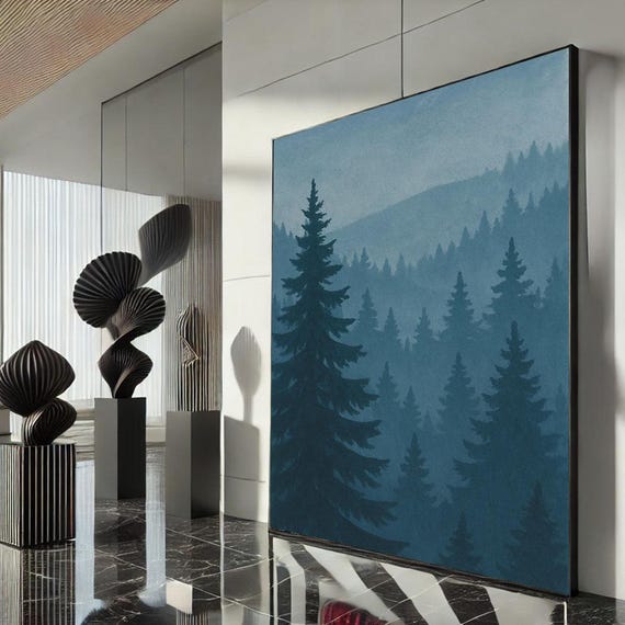 Mystical Blue Forest Landscape Canvas Wall Art Print Modern Living Room Decor Statement Piece