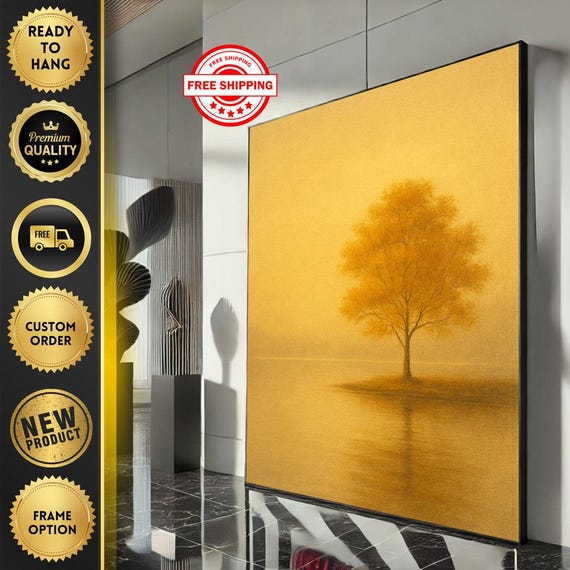 Tranquil Golden Tree Canvas Wall Art Print Minimalist Living Room Decor Ready To Hang Statement Piece