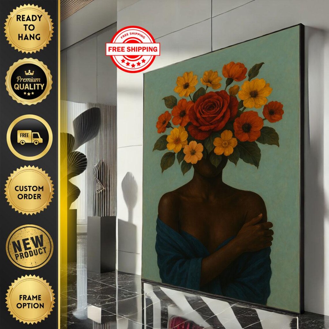 Woman With Flower Bouquet Head Surreal Botanical Portrait Poster