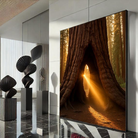 Majestic Redwood Forest Sunrise Canvas Wall Art Print Warm Living Room Decor Statement Piece