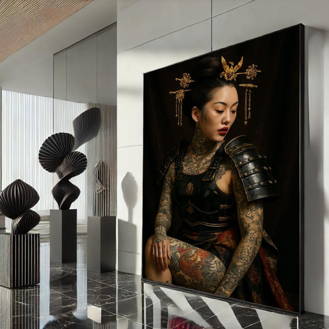 Tattooed Armored Samurai Woman Gold Hair Ornaments Dark Poster