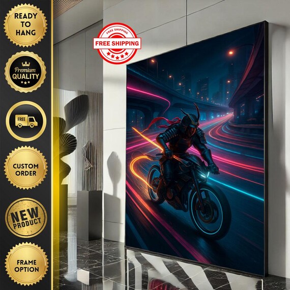 Cyberpunk Samurai Motorcycle Neon Night City Light Trail Art Poster