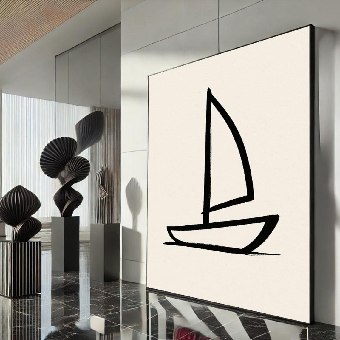 Minimalist Sailboat Line Drawing Black On Cream Nautical Art Poster