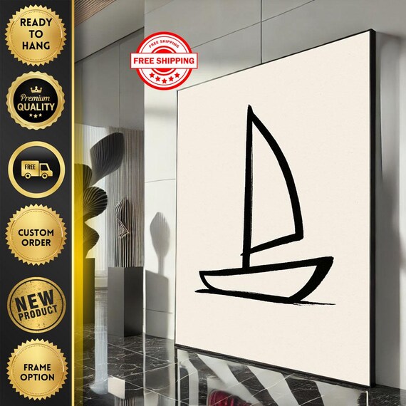 Minimalist Sailboat Line Art Black White Modern Zen Wall Poster