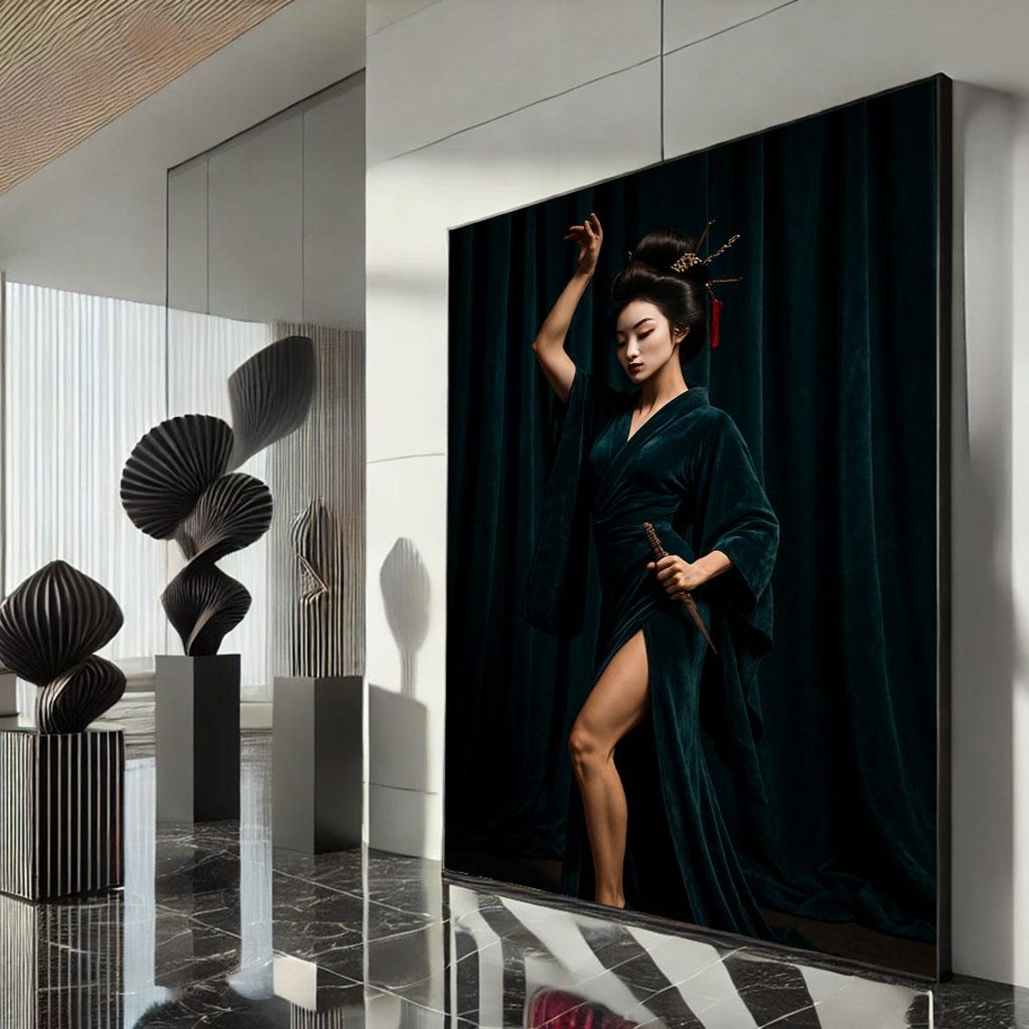 Elegant Asian Woman Portrait Canvas Wall Art Dark Tones Living Room Decor Statement Piece