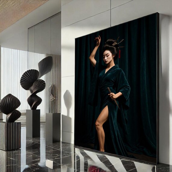 Dancer Teal Velvet Kimono Dagger Dark Curtain Elegant Wall Art