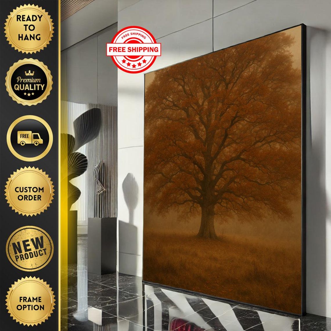 Serene Lone Tree in Misty Golden Field Autumn Landscape Art Poster