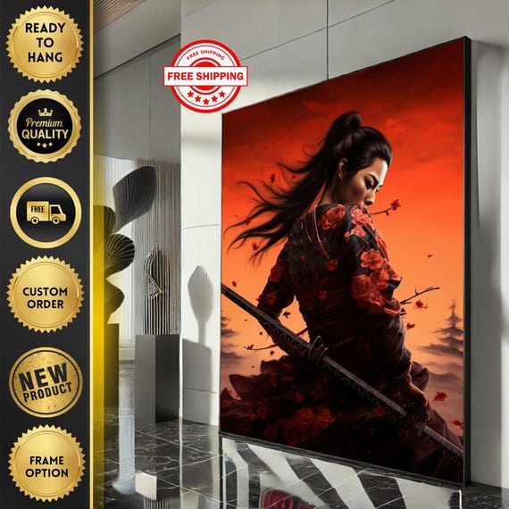 Fierce Samurai Woman Canvas Wall Art Print Bold Japanese Warrior Bedroom Decor Ready To Hang