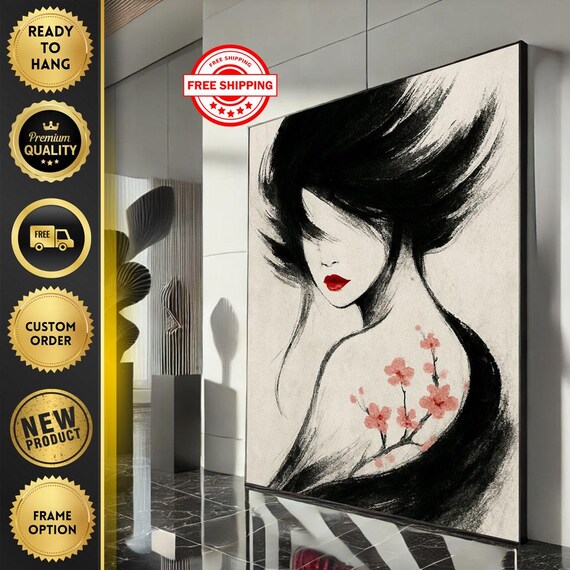 Ink Wash Geisha Cherry Blossom Red Lips Minimalist Art Poster