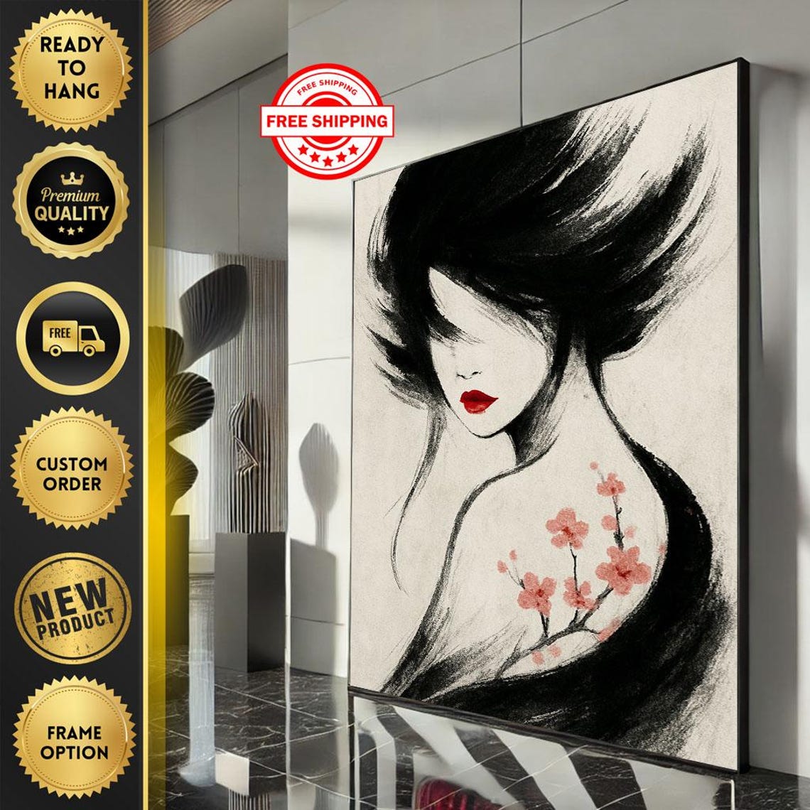 Ink Wash Geisha Cherry Blossom Red Lips Minimalist Art Poster