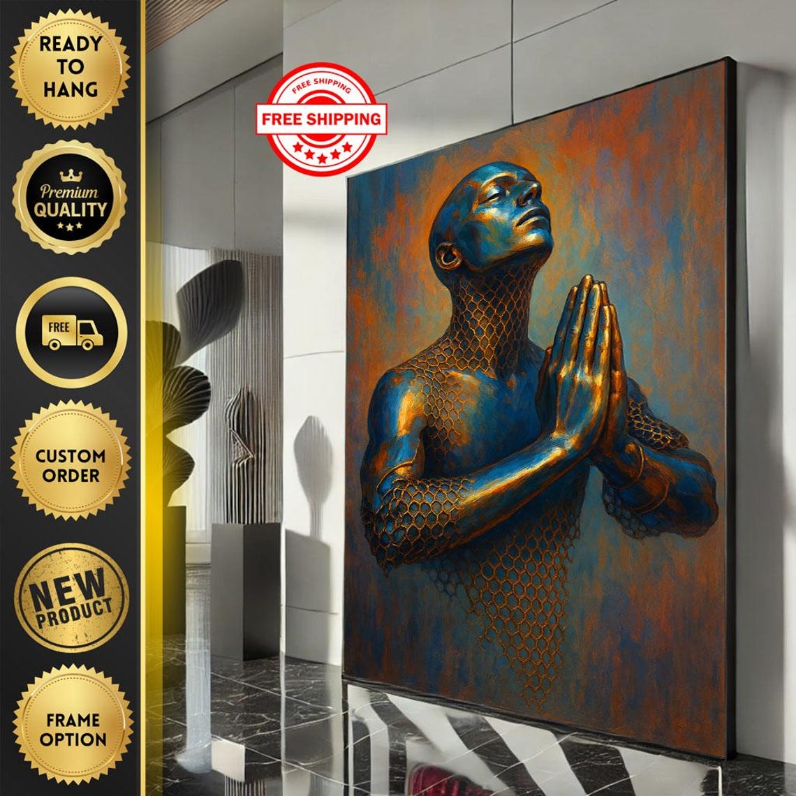 Bronze Blue Spiritual Figure Praying Abstract Golden Art Poster