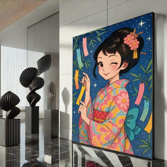 Cute Japanese Anime Girl Canvas Wall Art Print Colorful Bedroom Decor Modern Lovers