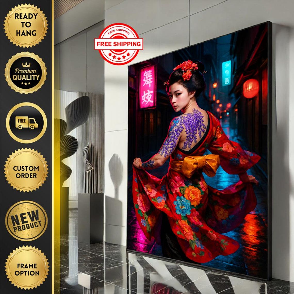 Colorful Geisha in Red Kimono on Neon Lit Night Street Art Poster
