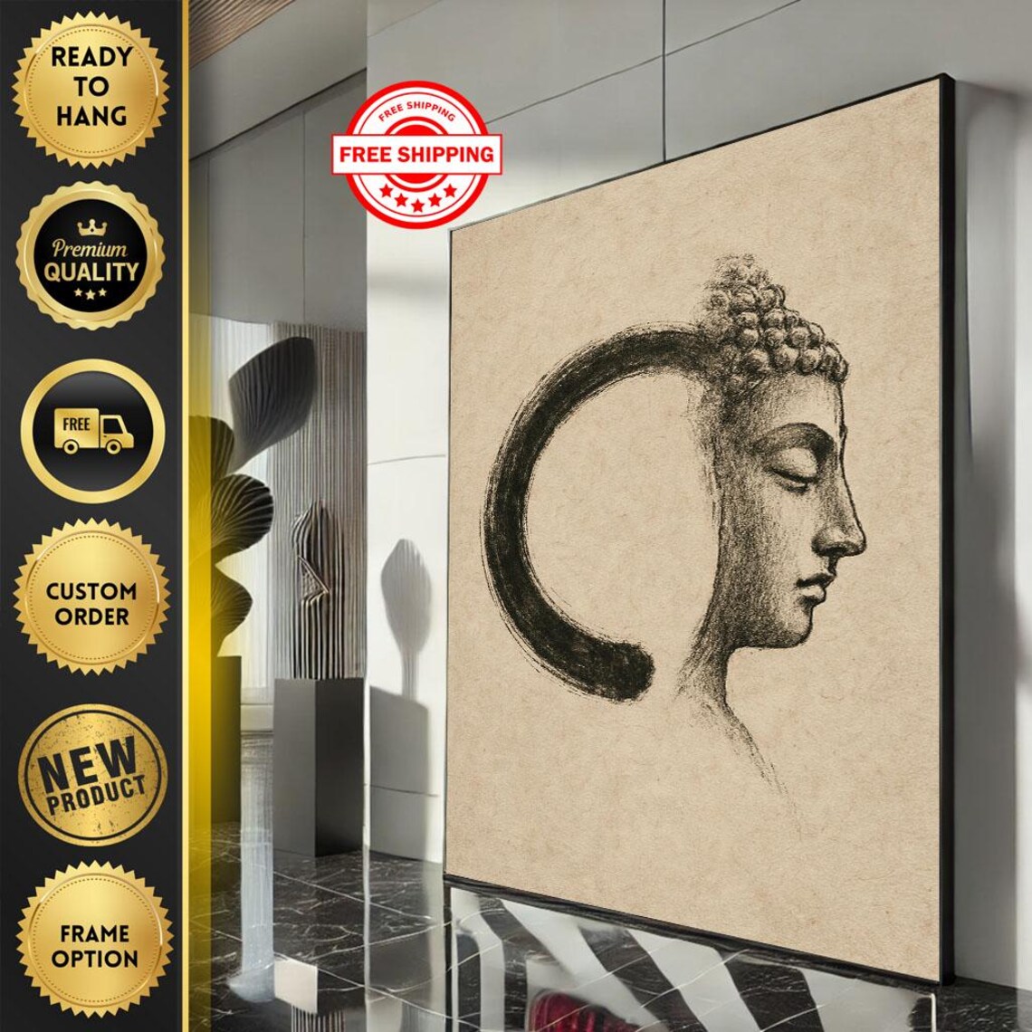 Buddha Profile Charcoal Sketch Enso Circle Zen Ink Art Poster